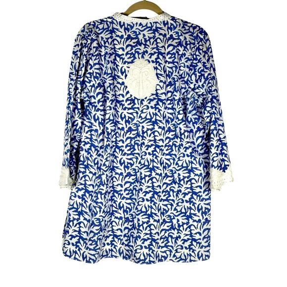 Sulu Collection Blue White Embroidered Cotton Tunic XL Boho Resort Coastal Chic - Picture 2 of 11